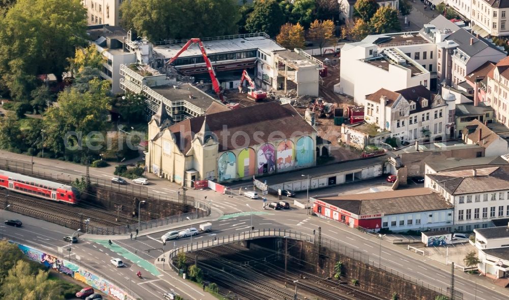 Aerial image Offenburg - Road bridge construction along the Union ramp at the old town hall in Offenburg in the state Baden-Wuerttemberg, Germany