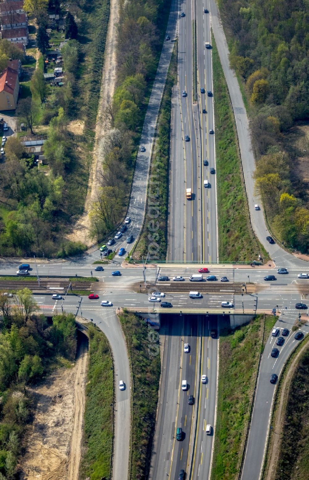 Bochum from above - Road bridge construction along the Universitaetsstrasse in Bochum in the state North Rhine-Westphalia, Germany