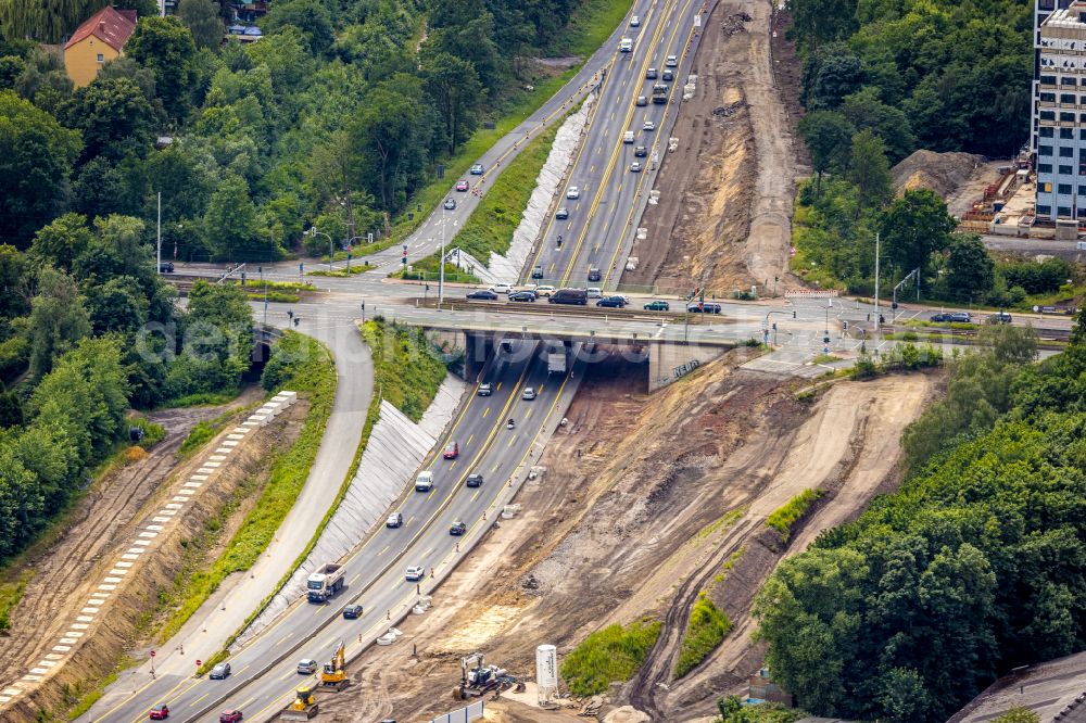 Aerial image Bochum - Road bridge construction along the Universitaetsstrasse in Bochum in the state North Rhine-Westphalia, Germany