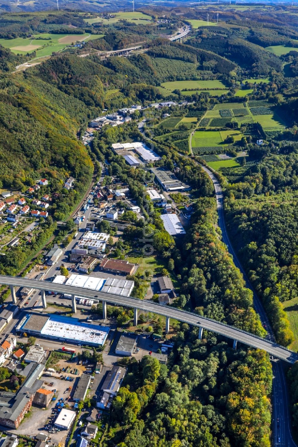 Hagen from above - Road bridge construction along the Volmeabstieg in Hagen in the state North Rhine-Westphalia, Germany