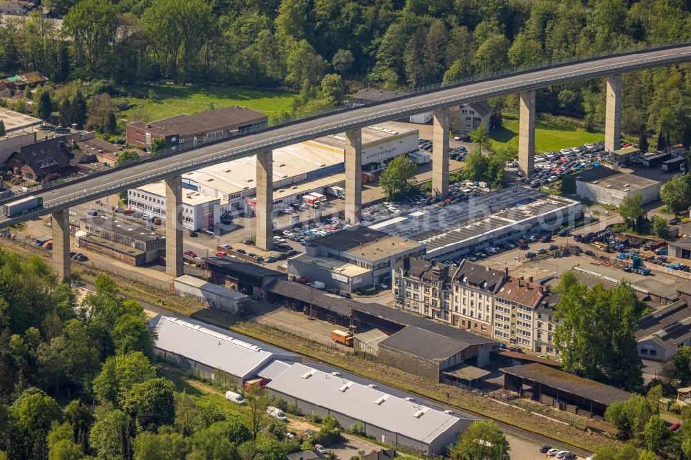 Hagen from the bird's eye view: Road bridge construction along the Volmeabstieg in Hagen in the state North Rhine-Westphalia, Germany