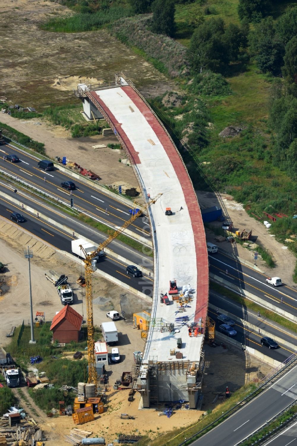 Groß Ziethen from the bird's eye view: Construction site of the junction Havelland at the motorway A10 and A24 in the state Brandenburg