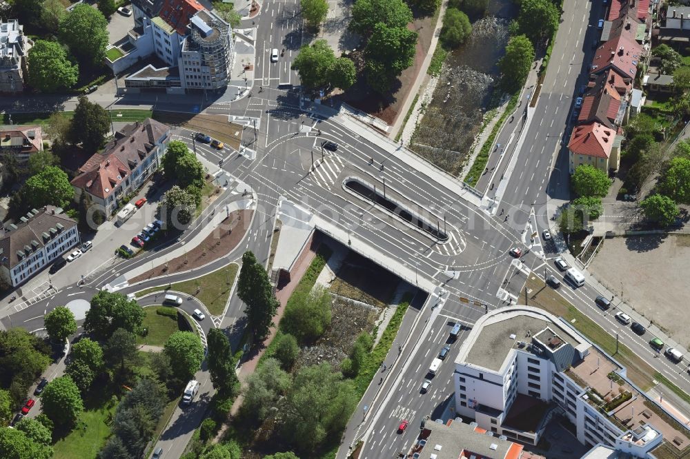 Aerial photograph Freiburg im Breisgau - Road bridge Kronenbruecke construction crossing the river Dreisam in Freiburg im Breisgau in the state Baden-Wurttemberg, Germany