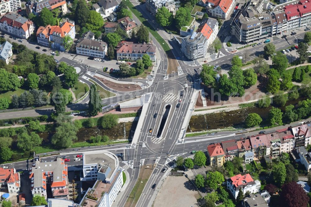 Freiburg im Breisgau from above - Road bridge Kronenbruecke construction crossing the river Dreisam in Freiburg im Breisgau in the state Baden-Wurttemberg, Germany