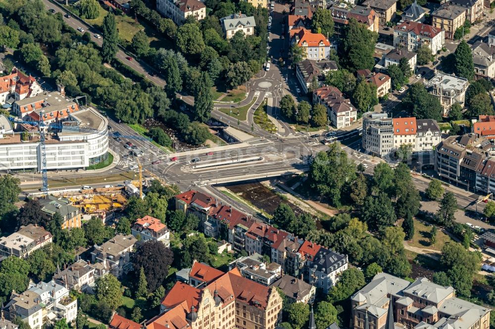 Aerial image Freiburg im Breisgau - Road bridge Kronenbruecke construction crossing the river Dreisam in Freiburg im Breisgau in the state Baden-Wurttemberg, Germany