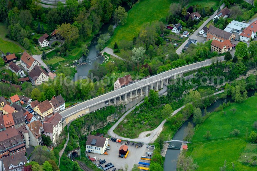 Rottweil from the bird's eye view: Road bridge construction along on Neckar in Rottweil in the state Baden-Wuerttemberg, Germany