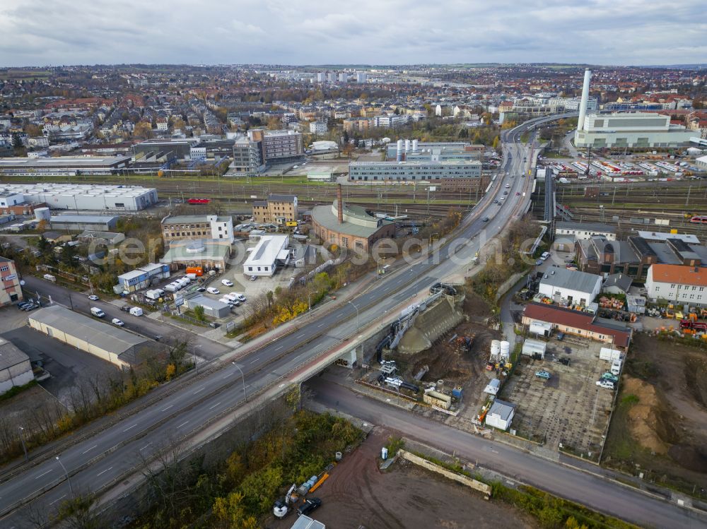 Aerial photograph Dresden - Road and bridge construction Nossener Bruecke on street Kesselsdorfer Strasse in the district Loebtau in Dresden in the state Saxony, Germany