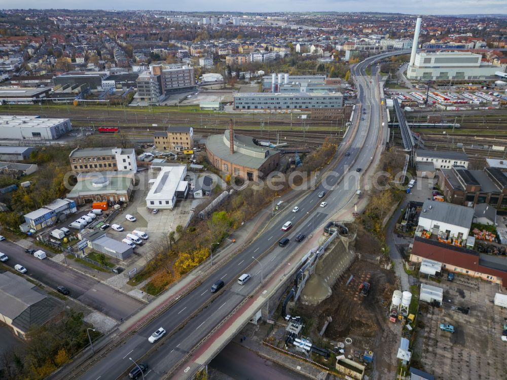 Dresden from above - Road and bridge construction Nossener Bruecke on street Kesselsdorfer Strasse in the district Loebtau in Dresden in the state Saxony, Germany