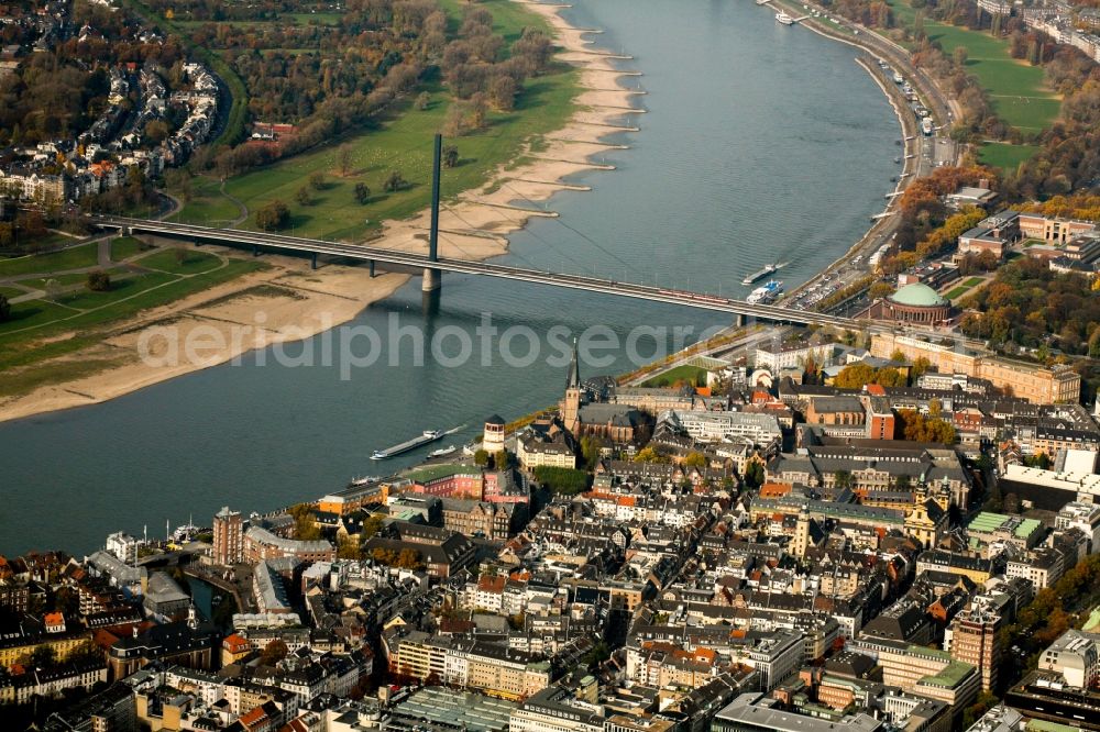 Aerial photograph Düsseldorf - Bridge construction Oberkasseler Bruecke in Duesseldorf in the state North Rhine-Westphalia, Germany