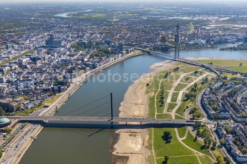 Aerial photograph Düsseldorf - Bridge construction Oberkasseler Bruecke in Duesseldorf in the state North Rhine-Westphalia, Germany