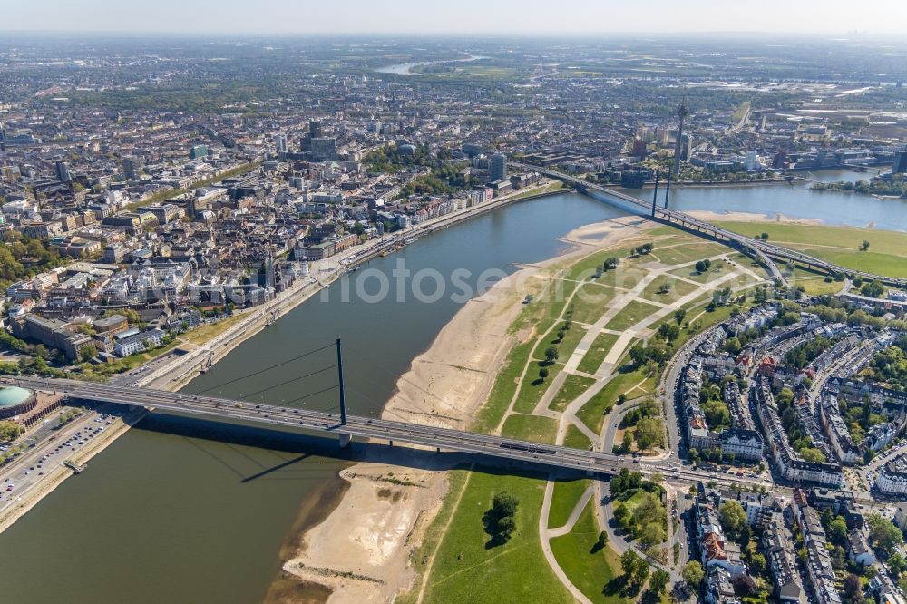 Düsseldorf from the bird's eye view: Bridge construction Oberkasseler Bruecke in Duesseldorf in the state North Rhine-Westphalia, Germany