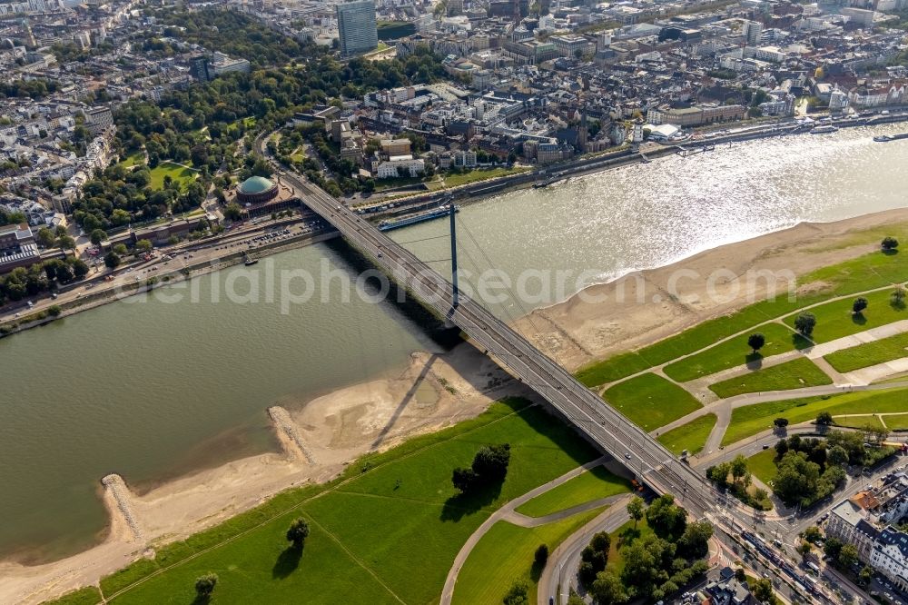 Düsseldorf from the bird's eye view: Bridge construction Oberkasseler Bruecke in Duesseldorf at Ruhrgebiet in the state North Rhine-Westphalia, Germany