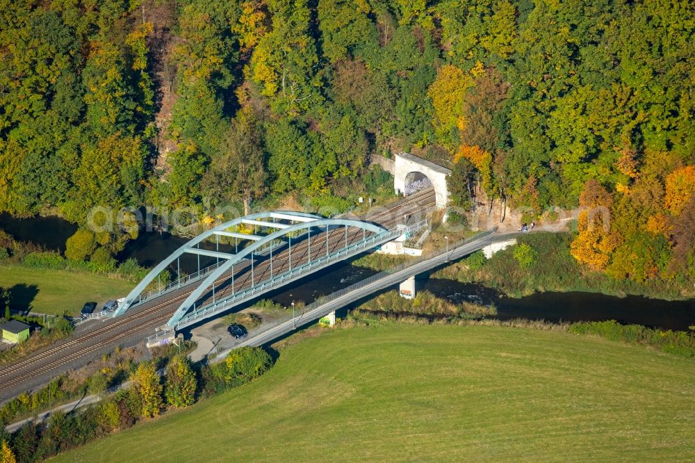 Aerial image Meschede - Railway bridge building to route the train tracks across the ruhr bridge with a railway tunnel in Meschede in the state North Rhine-Westphalia