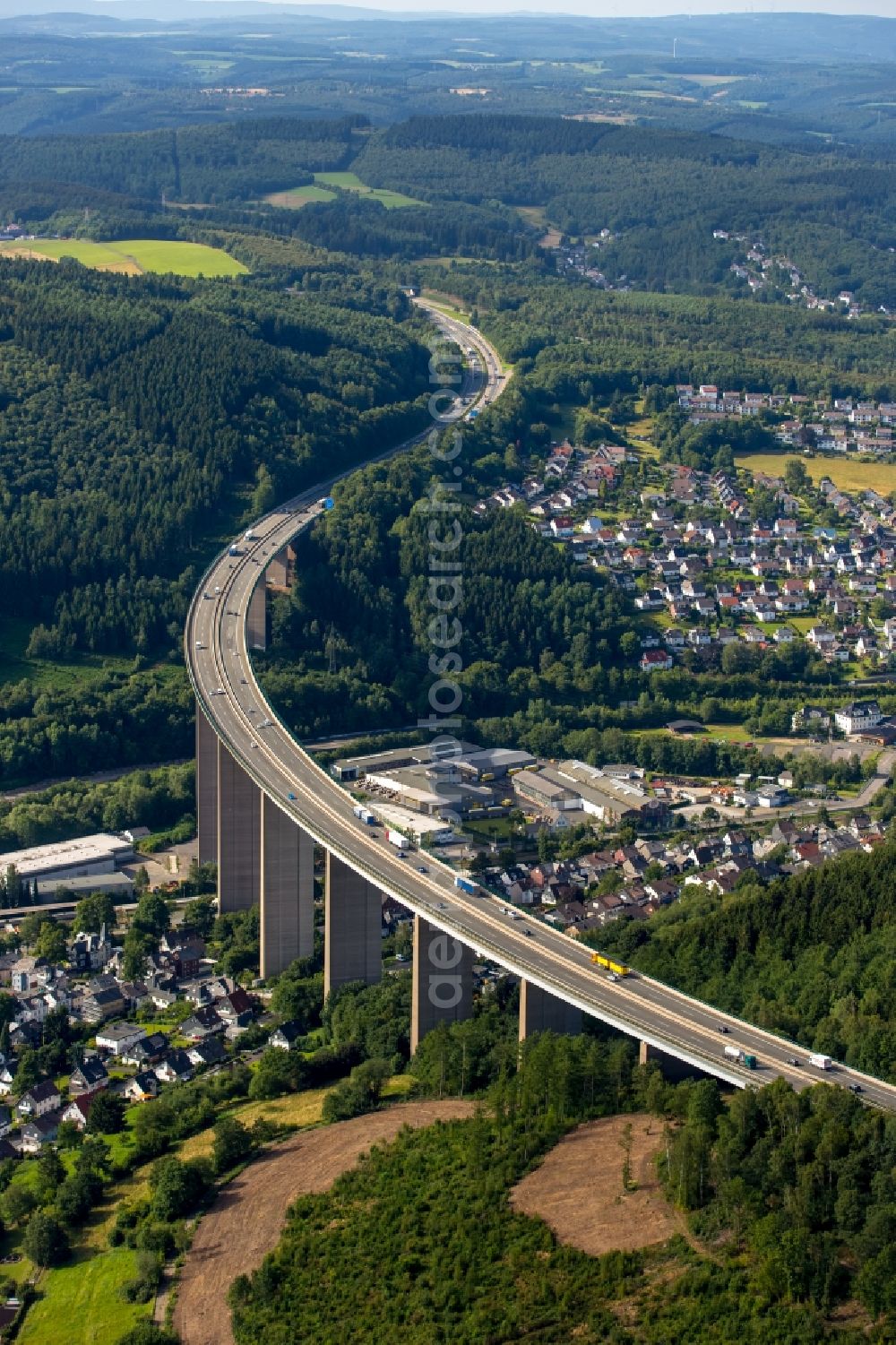 Siegen from above - Road bridge construction as part of the european route E40 / federal motorway A45 in Siegen in the state North Rhine-Westphalia