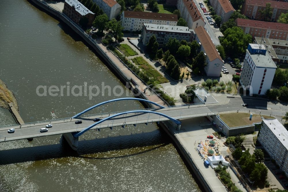 Aerial image Frankfurt (Oder) - Road bridge construction along the Bundesstrasse 5 over the Oder to Slubice, Poland in Frankfurt (Oder) in the state Brandenburg