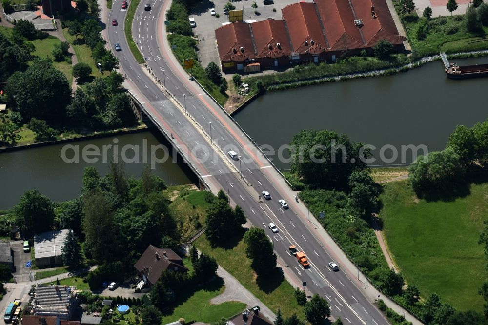 Genthin from above - Strassenbruecke Genthin road bridge across the Elbe-Havel-Canal in Genthin in the state of Saxony-Anhalt. The federal road B 107 takes its course across the bridge between Genthin and Altenplathow