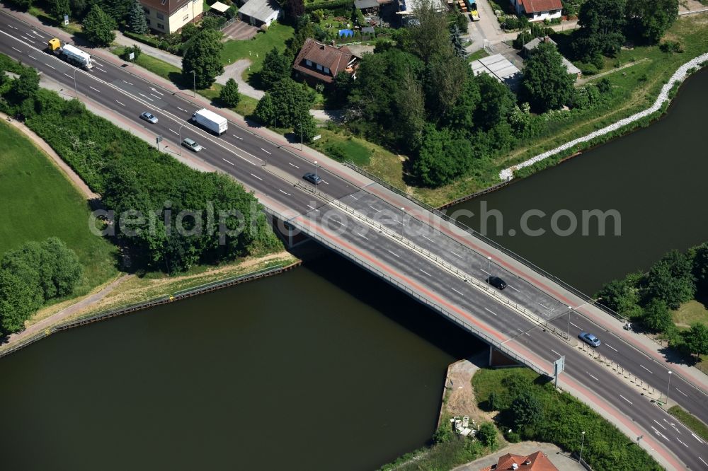 Aerial image Genthin - Strassenbruecke Genthin road bridge across the Elbe-Havel-Canal in Genthin in the state of Saxony-Anhalt. The federal road B 107 takes its course across the bridge between Genthin and Altenplathow