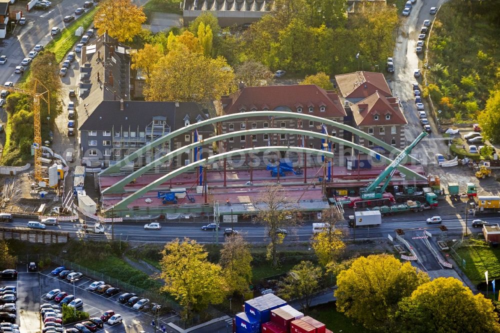 Aerial photograph Duisburg - Bridge construction on Vincke banks in Duisburg in the Ruhr area in North Rhine-Westphalia