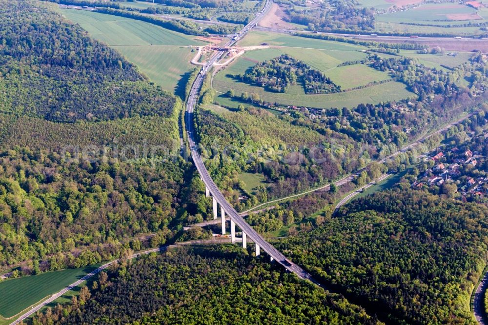 Aerial photograph Würzburg - Routing and traffic lanes over the highway bridge in the B19 in Wuerzburg in the state Bavaria, Germany