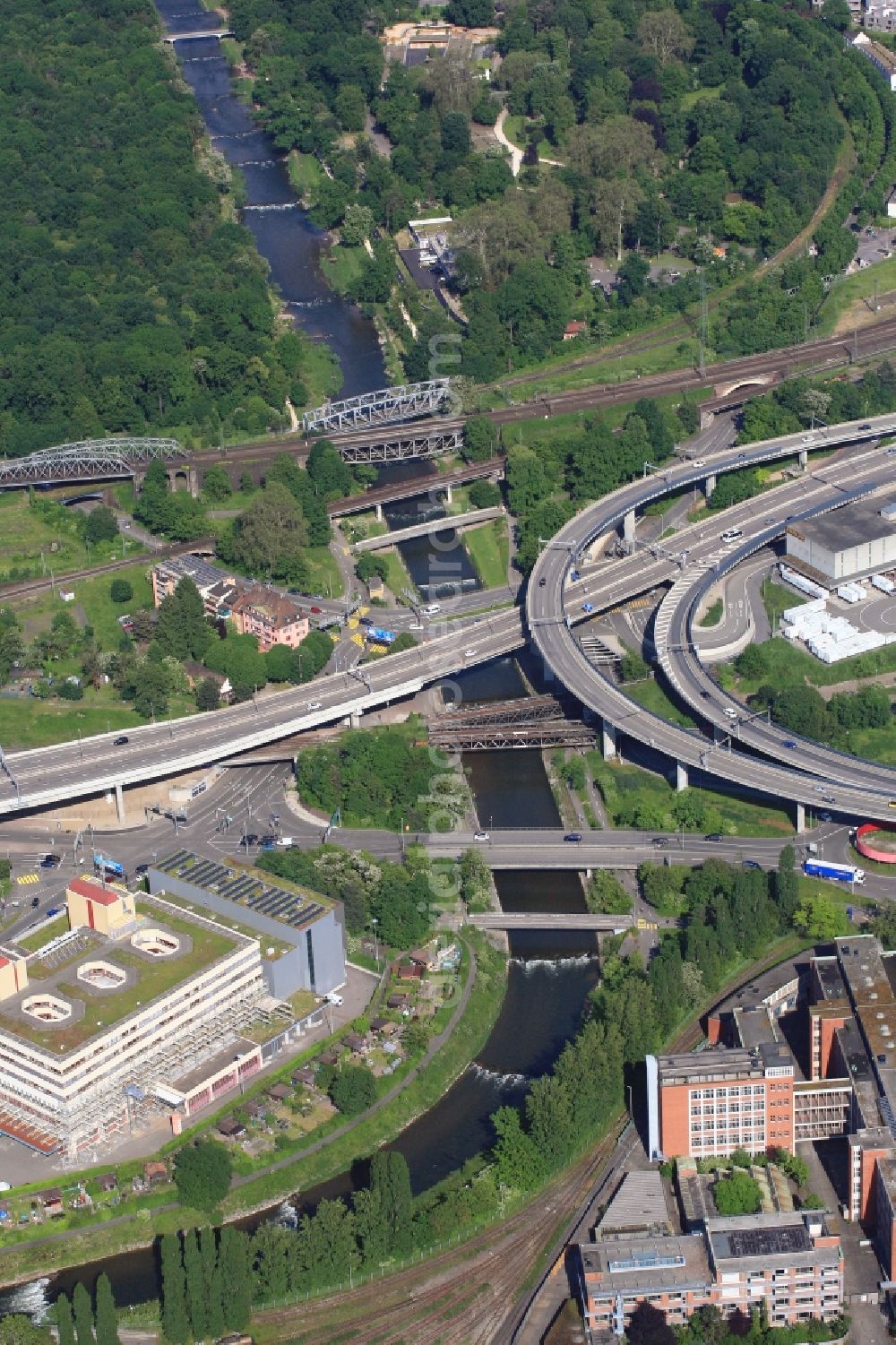 Aerial image Basel - Noumerous road and railway bridges along the river Wiese in Basel, Switzerland