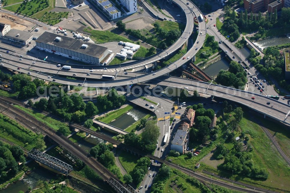 Aerial photograph Basel - Noumerous road and railway bridges along the river Wiese in Basel, Switzerland