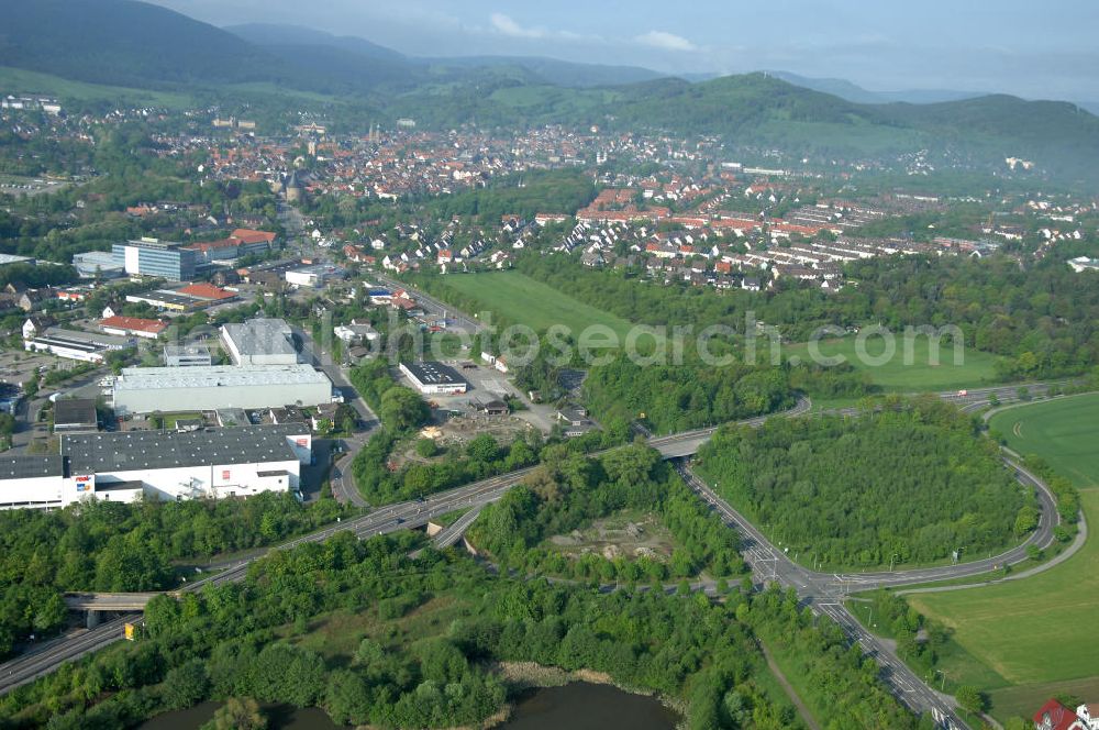 Goslar from above - Blick auf den Neubau von Brücken entlang der Immenröder Strasse / an der Abfahrt der Bundesfernstrasse B 6 / B241 durch die EUROVIA Gruppe. View of the construction of new bridges along the B6 motorway in Goslar of the EUROVIA group.