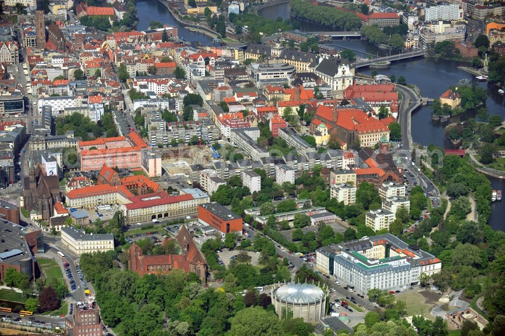 Aerial photograph WROCLAW - BRESLAU - Cityscape of the old city with the Adalbert`s Church, University of Sacred Heart Church and the St. Elizabeth Church in Wroclaw in the Voivodship Lower Silesia in Poland