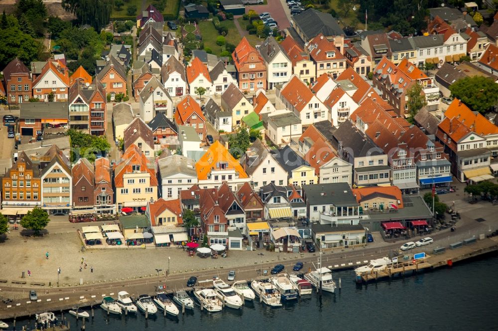 Lübeck from above - Town houses on the River Trave at Old Town area in Luebeck in Schleswig-Holstein