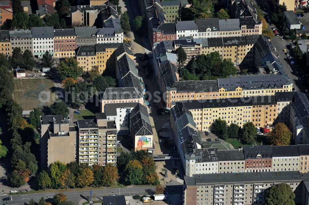 Aerial image Chemnitz - Bruehl - quarter in the north of the city center of Chemnitz in Saxony