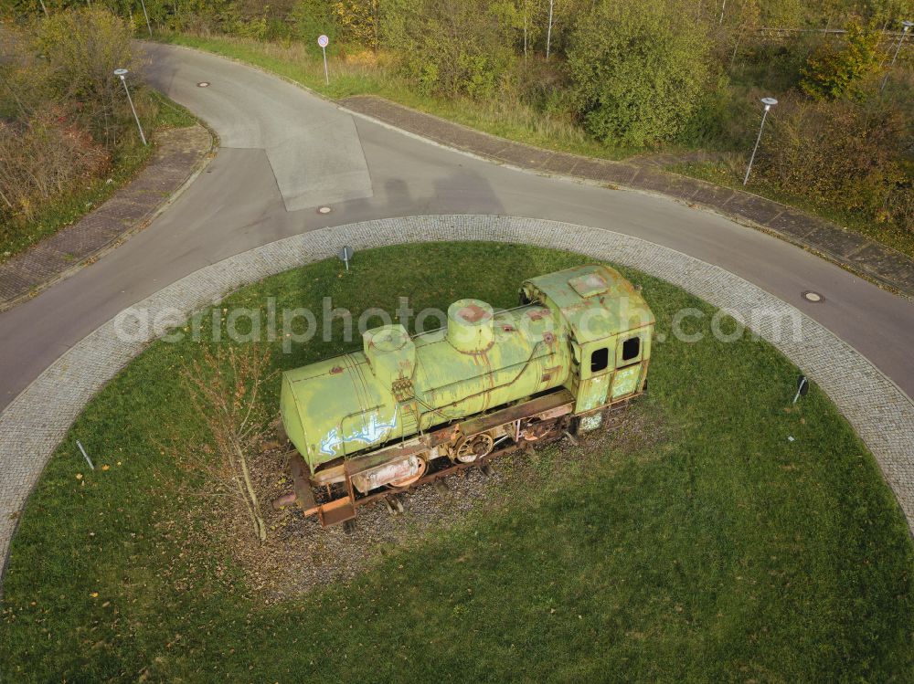 Borna from above - The briquette factory is a piece of the region's industrial history. Steam storage locomotive, in Borna in the state of Saxony, Germany