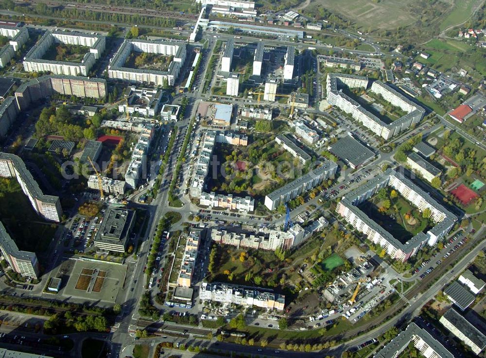 Aerial image Berlin - Marzahn - 20.10.2004 Blick auf Baustellen in der Wohnsiedlung Ahrensfelder Terassen an der Havemannstraße - Rosenbecker Straße / Eichhorster Straße in Berlin-Marzahn / Ahrensfelde. Ein Projekt der DEGEWO / WBG Marzahn. Baufirmen: