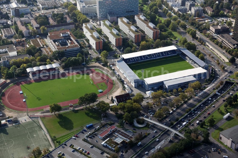 Wiesbaden from above - The Brita-Arena is a soccer stadium in the Hessian capital Wiesbaden, which is the home of the SV Wehen. The plant is named after the former main sponsor Brita. The Brita-Arena is located on the grounds of the Helmut-Schoen-Sportpark between Gustav-Stresemann-Ring, Berliner Straße and Wettinerstraße