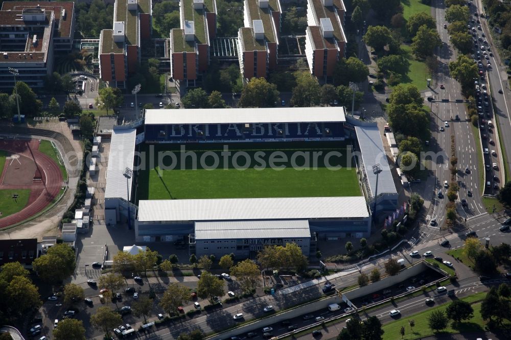 Wiesbaden from the bird's eye view: The Brita-Arena is a soccer stadium in the Hessian capital Wiesbaden, which is the home of the SV Wehen. The plant is named after the former main sponsor Brita. The Brita-Arena is located on the grounds of the Helmut-Schoen-Sportpark between Gustav-Stresemann-Ring, Berliner Straße and Wettinerstraße