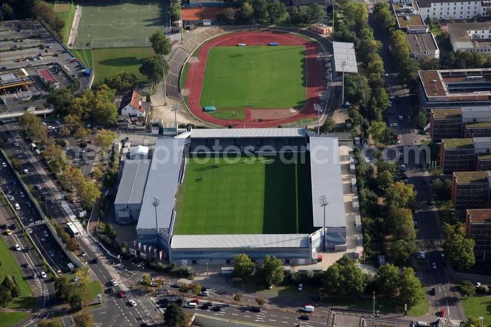 Aerial image Wiesbaden - The Brita-Arena is a soccer stadium in the Hessian capital Wiesbaden, which is the home of the SV Wehen. The plant is named after the former main sponsor Brita. The Brita-Arena is located on the grounds of the Helmut-Schoen-Sportpark between Gustav-Stresemann-Ring, Berliner Straße and Wettinerstraße