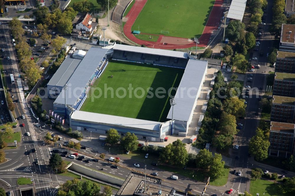 Aerial photograph Wiesbaden - The Brita-Arena is a soccer stadium in the Hessian capital Wiesbaden, which is the home of the SV Wehen. The plant is named after the former main sponsor Brita. The Brita-Arena is located on the grounds of the Helmut-Schoen-Sportpark between Gustav-Stresemann-Ring, Berliner Straße and Wettinerstraße