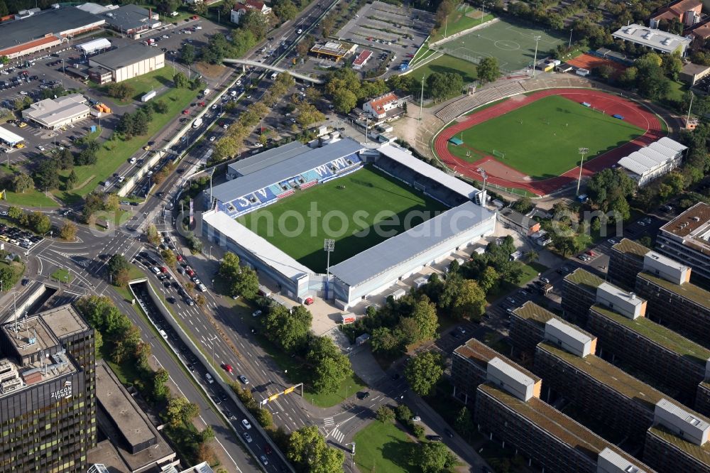 Wiesbaden from the bird's eye view: The Brita-Arena is a soccer stadium in the Hessian capital Wiesbaden, which is the home of the SV Wehen. The plant is named after the former main sponsor Brita. The Brita-Arena is located on the grounds of the Helmut-Schoen-Sportpark between Gustav-Stresemann-Ring, Berliner Straße and Wettinerstraße