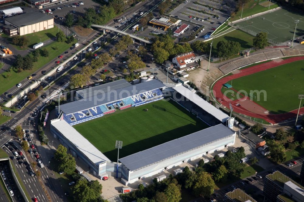 Aerial image Wiesbaden - The Brita-Arena is a soccer stadium in the Hessian capital Wiesbaden, which is the home of the SV Wehen. The plant is named after the former main sponsor Brita. The Brita-Arena is located on the grounds of the Helmut-Schoen-Sportpark between Gustav-Stresemann-Ring, Berliner Straße and Wettinerstraße