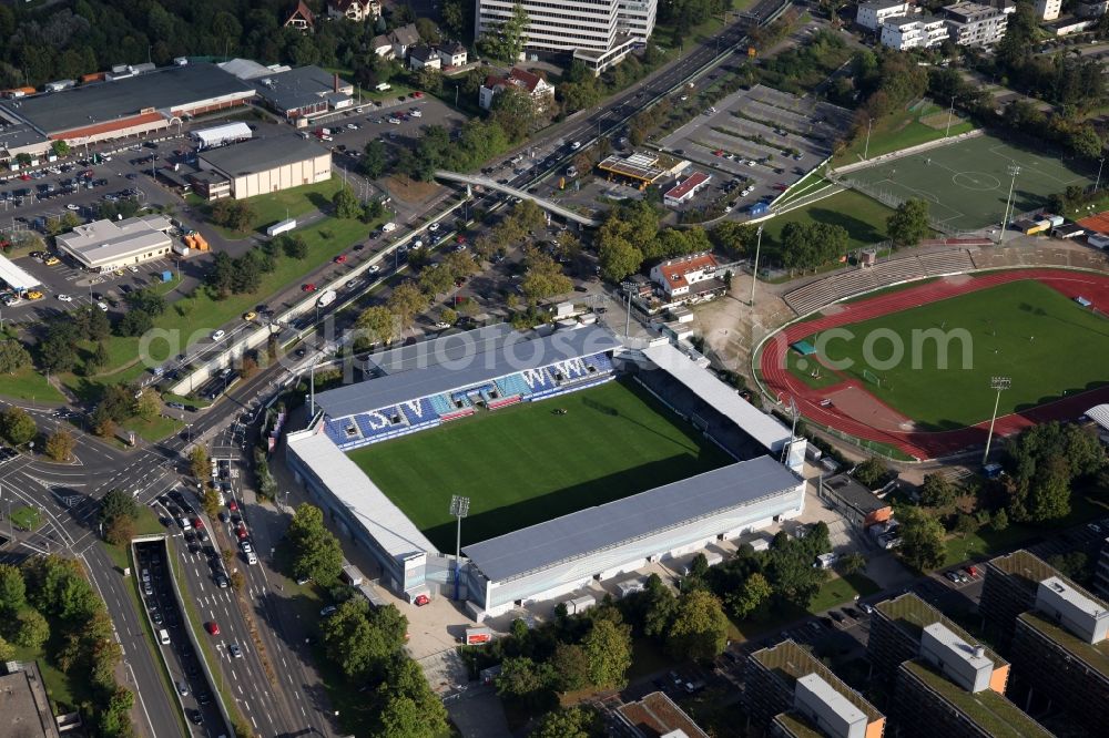 Aerial photograph Wiesbaden - The Brita-Arena is a soccer stadium in the Hessian capital Wiesbaden, which is the home of the SV Wehen. The plant is named after the former main sponsor Brita. The Brita-Arena is located on the grounds of the Helmut-Schoen-Sportpark between Gustav-Stresemann-Ring, Berliner Straße and Wettinerstraße