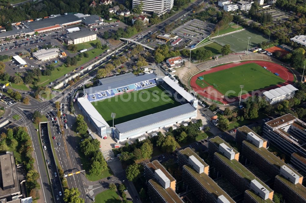 Wiesbaden from above - The Brita-Arena is a soccer stadium in the Hessian capital Wiesbaden, which is the home of the SV Wehen. The plant is named after the former main sponsor Brita. The Brita-Arena is located on the grounds of the Helmut-Schoen-Sportpark between Gustav-Stresemann-Ring, Berliner Straße and Wettinerstraße