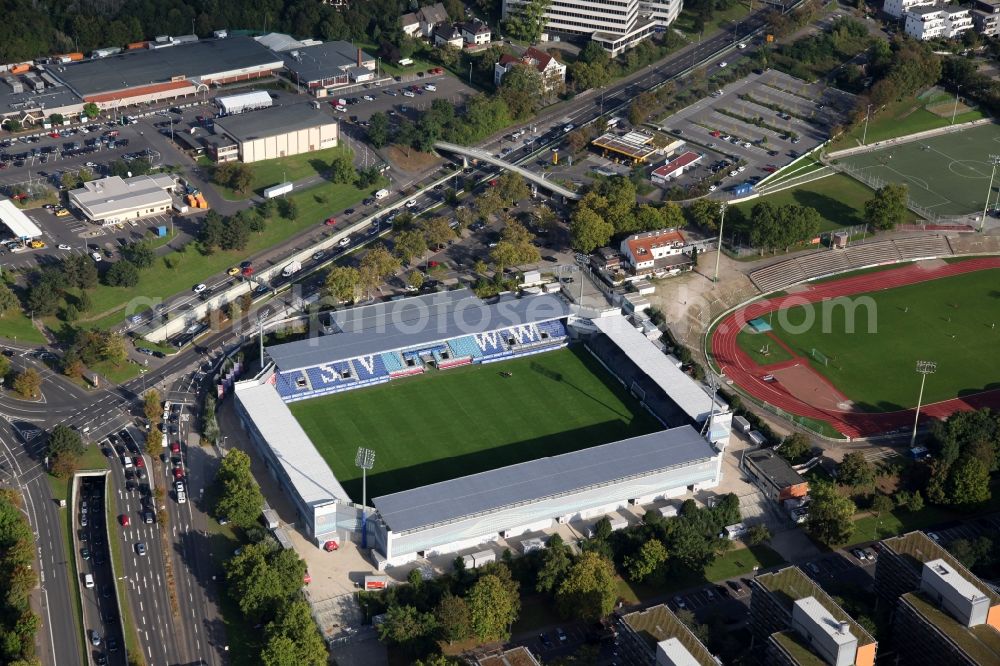 Wiesbaden from the bird's eye view: The Brita-Arena is a soccer stadium in the Hessian capital Wiesbaden, which is the home of the SV Wehen. The plant is named after the former main sponsor Brita. The Brita-Arena is located on the grounds of the Helmut-Schoen-Sportpark between Gustav-Stresemann-Ring, Berliner Straße and Wettinerstraße