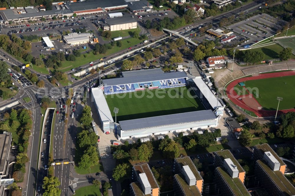 Aerial photograph Wiesbaden - The Brita-Arena is a soccer stadium in the Hessian capital Wiesbaden, which is the home of the SV Wehen. The plant is named after the former main sponsor Brita. The Brita-Arena is located on the grounds of the Helmut-Schoen-Sportpark between Gustav-Stresemann-Ring, Berliner Straße and Wettinerstraße