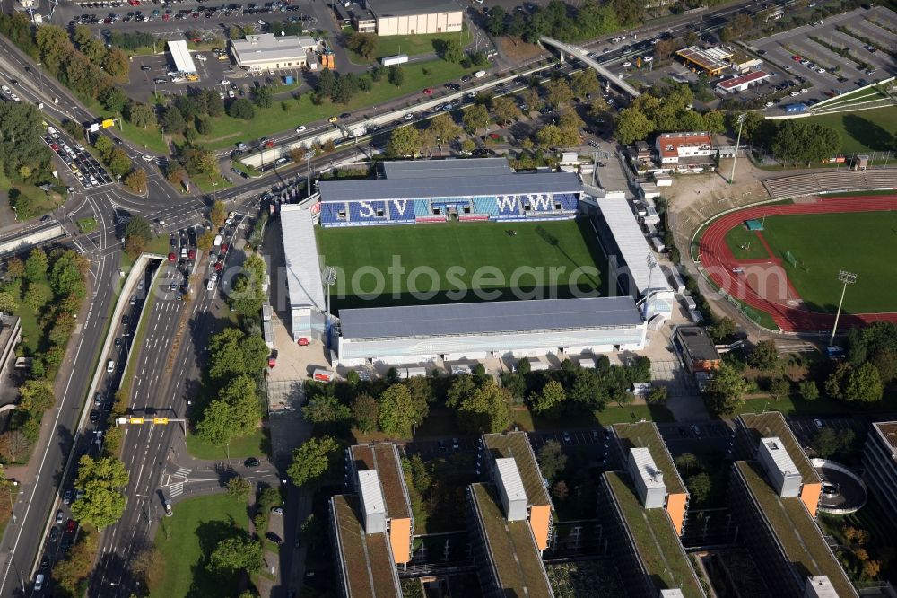 Wiesbaden from above - The Brita-Arena is a soccer stadium in the Hessian capital Wiesbaden, which is the home of the SV Wehen. The plant is named after the former main sponsor Brita. The Brita-Arena is located on the grounds of the Helmut-Schoen-Sportpark between Gustav-Stresemann-Ring, Berliner Straße and Wettinerstraße