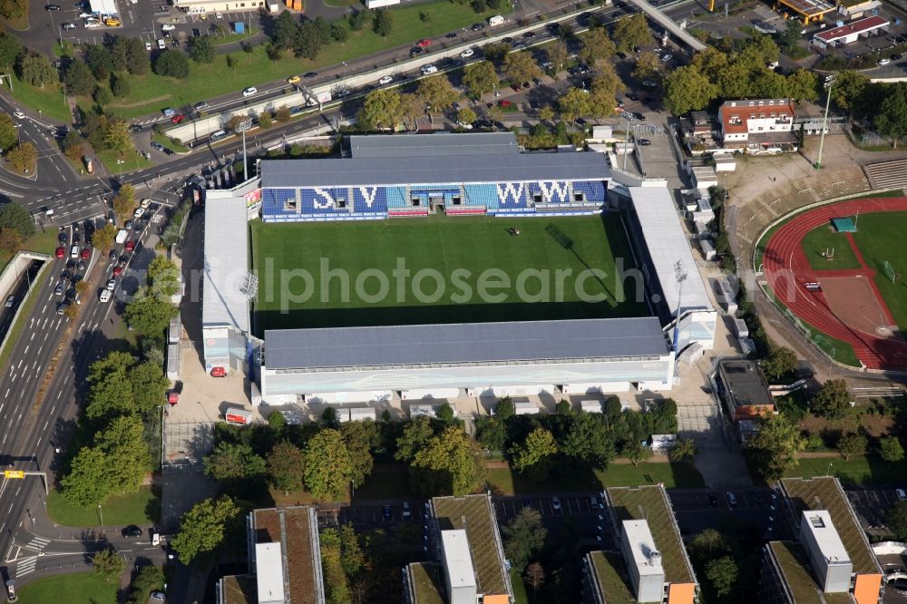 Wiesbaden from the bird's eye view: The Brita-Arena is a soccer stadium in the Hessian capital Wiesbaden, which is the home of the SV Wehen. The plant is named after the former main sponsor Brita. The Brita-Arena is located on the grounds of the Helmut-Schoen-Sportpark between Gustav-Stresemann-Ring, Berliner Straße and Wettinerstraße