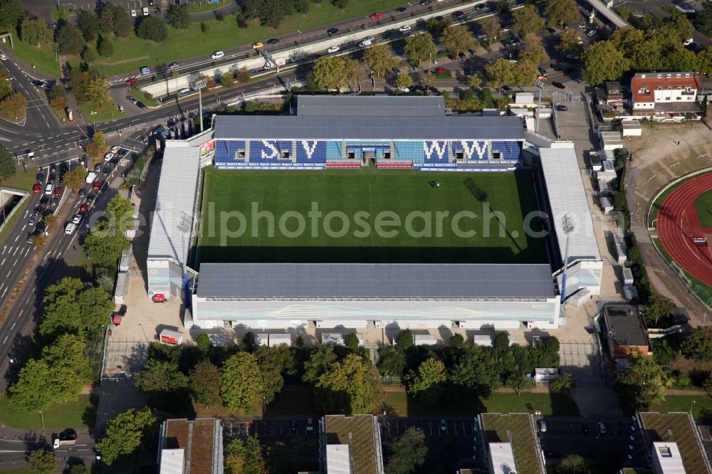 Aerial image Wiesbaden - The Brita-Arena is a soccer stadium in the Hessian capital Wiesbaden, which is the home of the SV Wehen. The plant is named after the former main sponsor Brita. The Brita-Arena is located on the grounds of the Helmut-Schoen-Sportpark between Gustav-Stresemann-Ring, Berliner Straße and Wettinerstraße