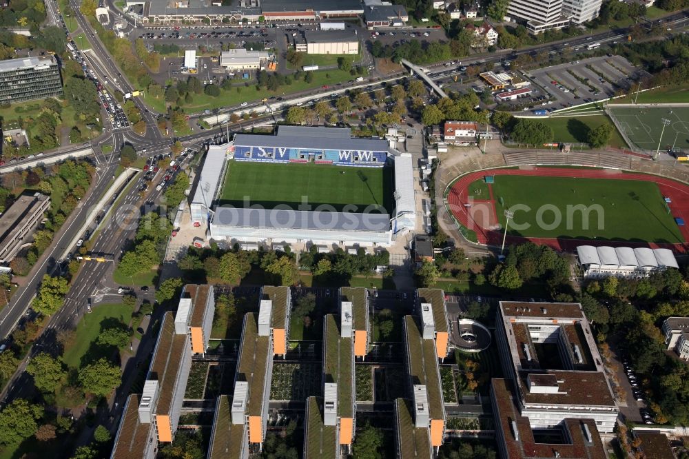 Aerial photograph Wiesbaden - The Brita-Arena is a soccer stadium in the Hessian capital Wiesbaden, which is the home of the SV Wehen. The plant is named after the former main sponsor Brita. The Brita-Arena is located on the grounds of the Helmut-Schoen-Sportpark between Gustav-Stresemann-Ring, Berliner Straße and Wettinerstraße