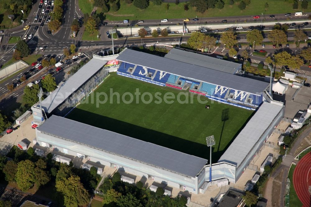 Wiesbaden from above - The Brita-Arena is a soccer stadium in the Hessian capital Wiesbaden, which is the home of the SV Wehen. The plant is named after the former main sponsor Brita. The Brita-Arena is located on the grounds of the Helmut-Schoen-Sportpark between Gustav-Stresemann-Ring, Berliner Straße and Wettinerstraße