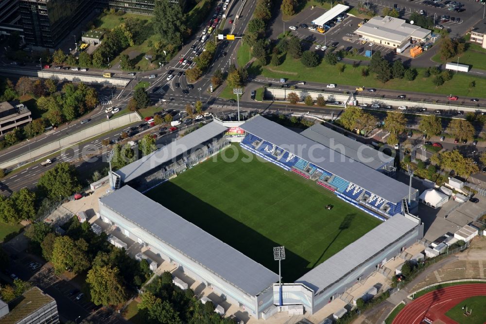 Wiesbaden from the bird's eye view: The Brita-Arena is a soccer stadium in the Hessian capital Wiesbaden, which is the home of the SV Wehen. The plant is named after the former main sponsor Brita. The Brita-Arena is located on the grounds of the Helmut-Schoen-Sportpark between Gustav-Stresemann-Ring, Berliner Straße and Wettinerstraße