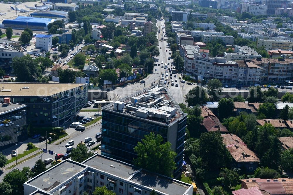 Aerial image Bukarest - Office and commercial building complex Banesa Airport Tower in Bucharest, Romania. The property on the road Blvd. Ion Ionescu de la Brad is a project of IMMOFINANZ AG