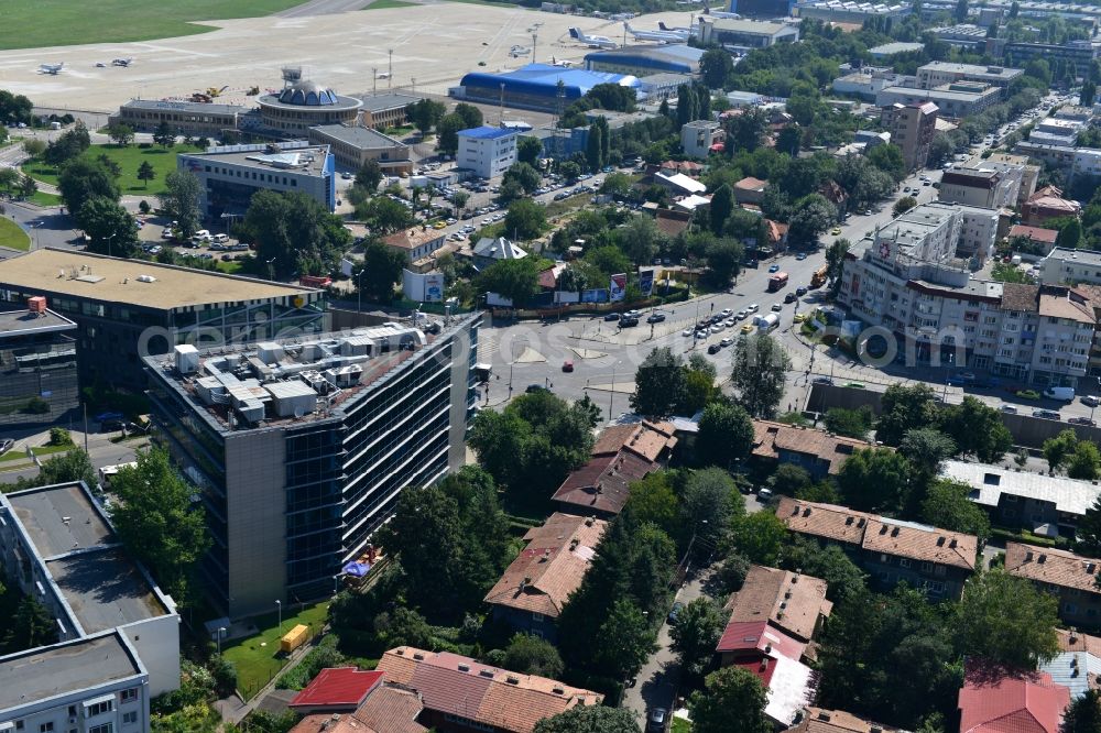 Aerial image Bukarest - Office and commercial building complex Banesa Airport Tower in Bucharest, Romania. The property on the road Blvd. Ion Ionescu de la Brad is a project of IMMOFINANZ AG