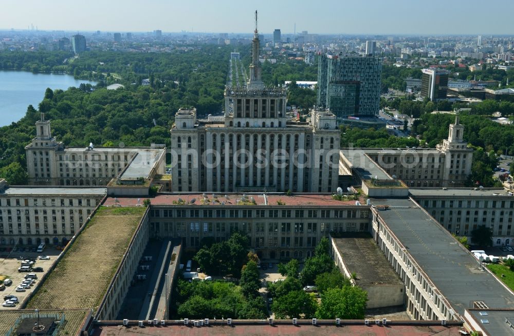 Bukarest from above - View of the office and commercial building complex House of Free Press in Bucharest, Romania. The Casa Presei Libere is built in real-socialist, Stalinist embossed power architecture